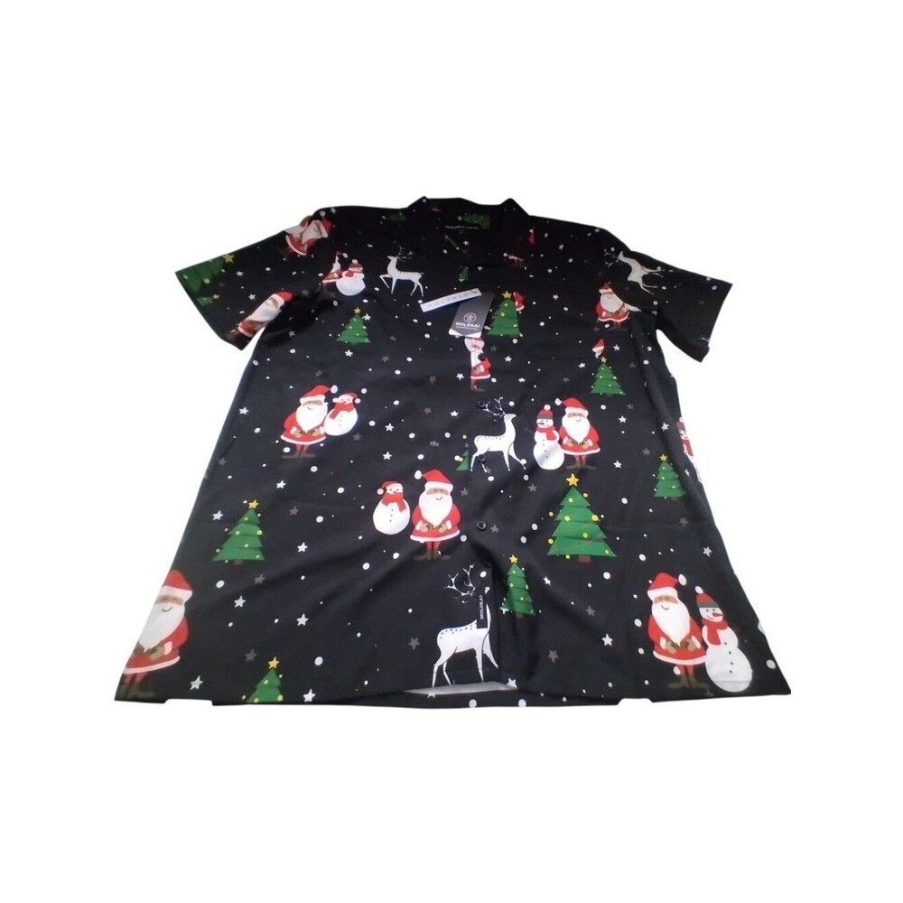 MoLokai Men's Black Holiday Print Shirt Green Trees Santa Deer Christmas New XL